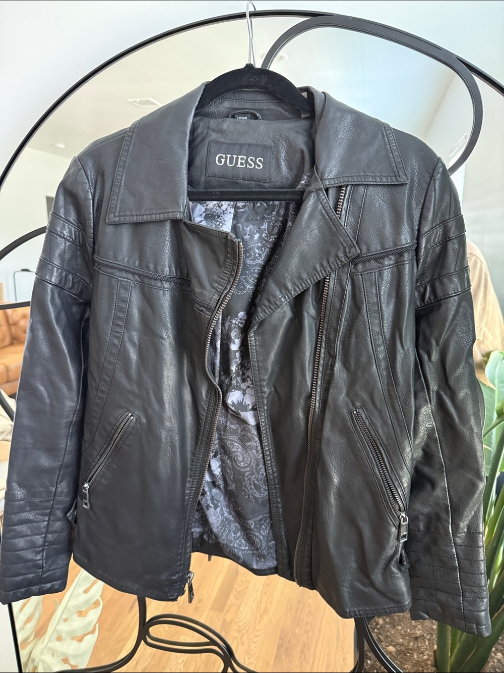 GUESS Black Leather Asymmetric Zip Moto Jacket
